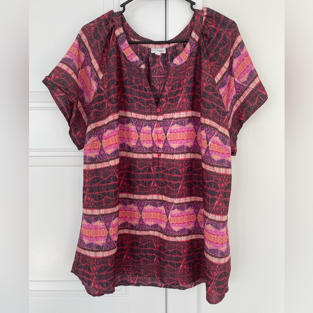Kim Rogers Woman Pink & Red Abstract Pattern Blouse Top Size 2X